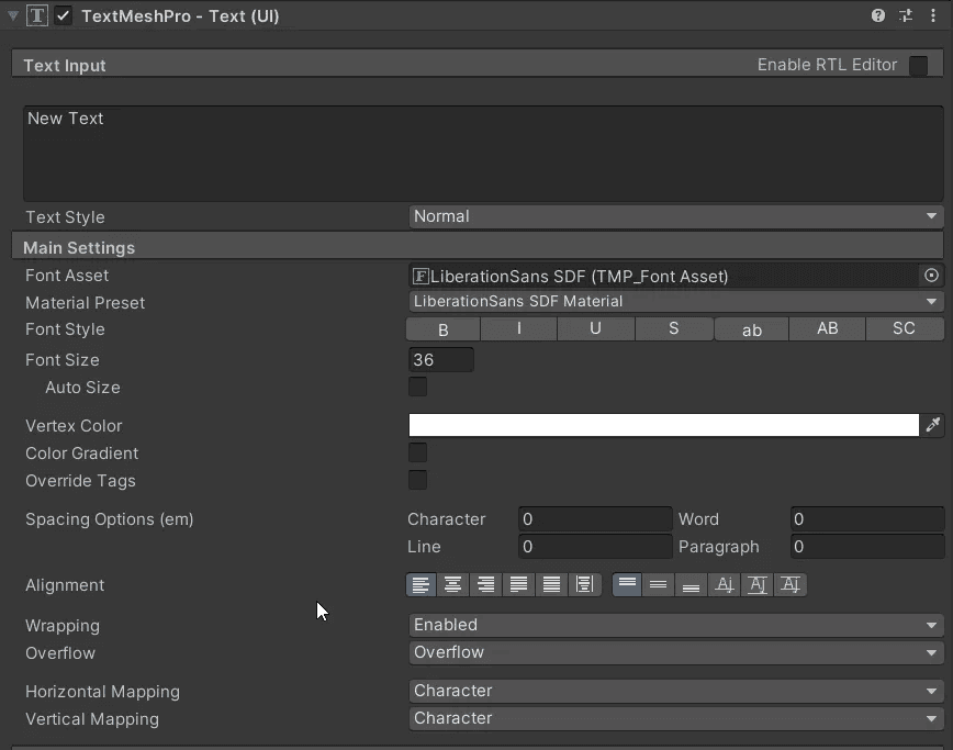 UI of a TextMeshPro-component as shown in the Unity Inspector